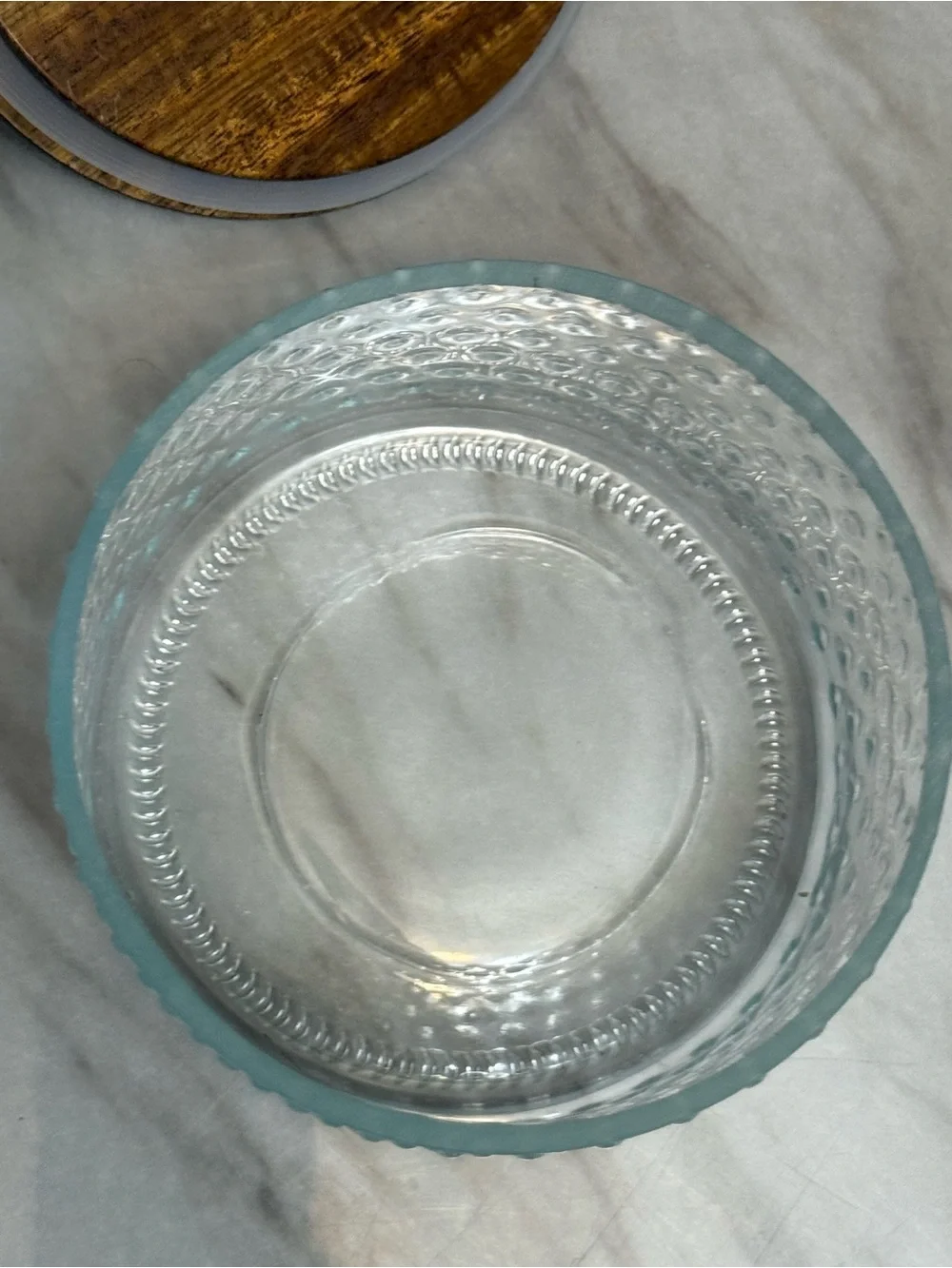 Round clear jar with wooden top gold finish handle